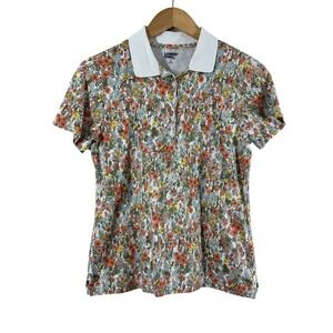 Lands'End Women's Polo White Multi Floral Side Vent 100% Cotton Collared Size S
